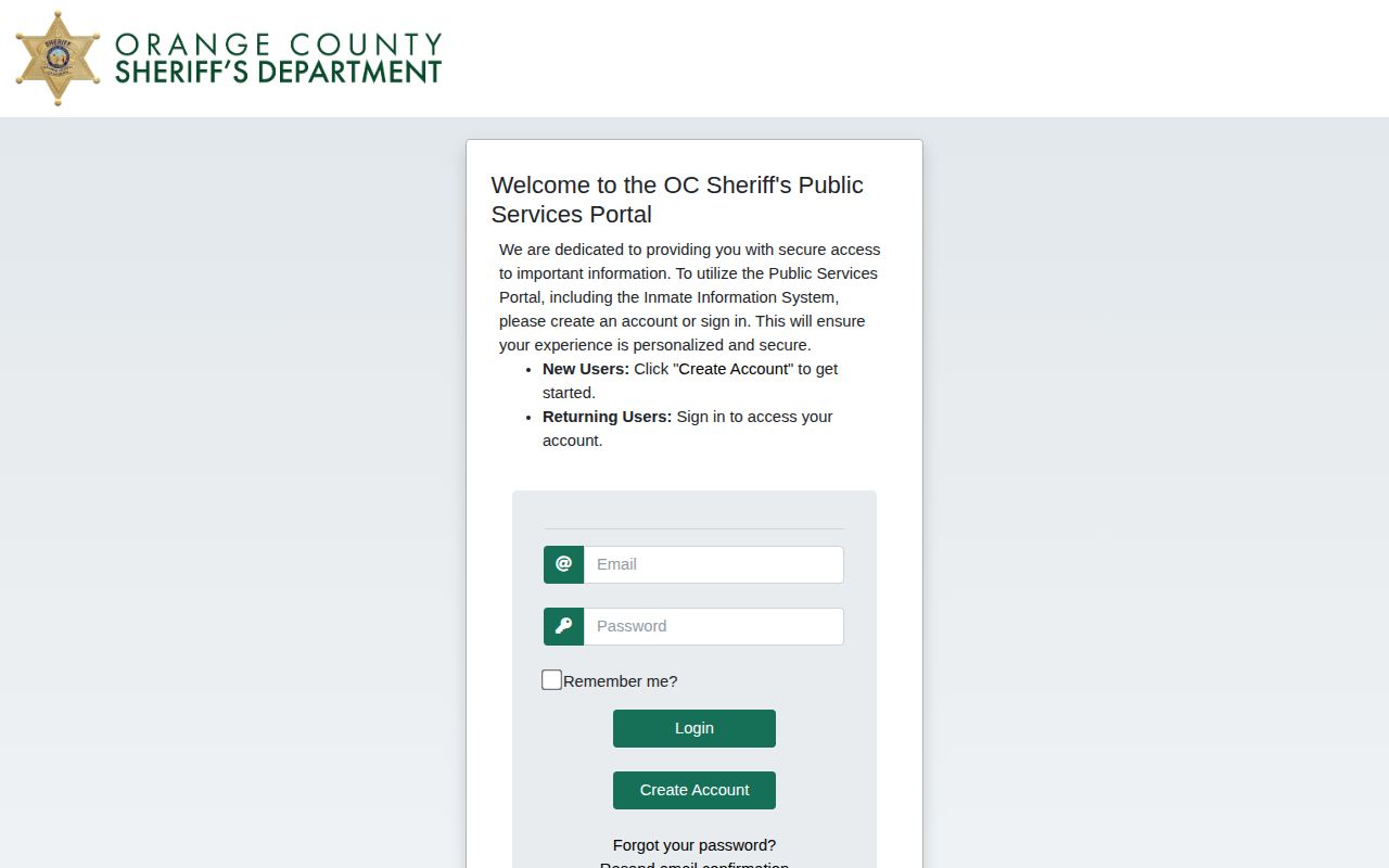 Orange County Sheriff booking portal sign-in screen