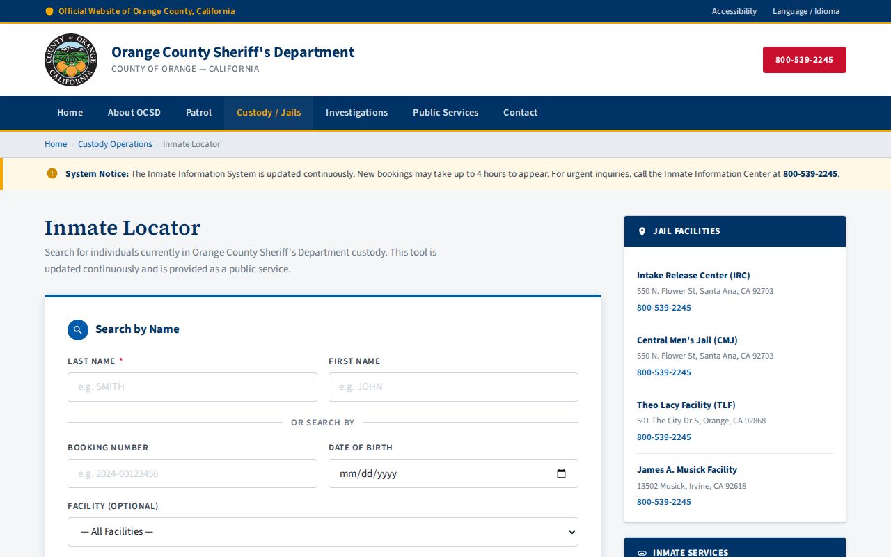 Orange County recent arrest inmate locator search interface