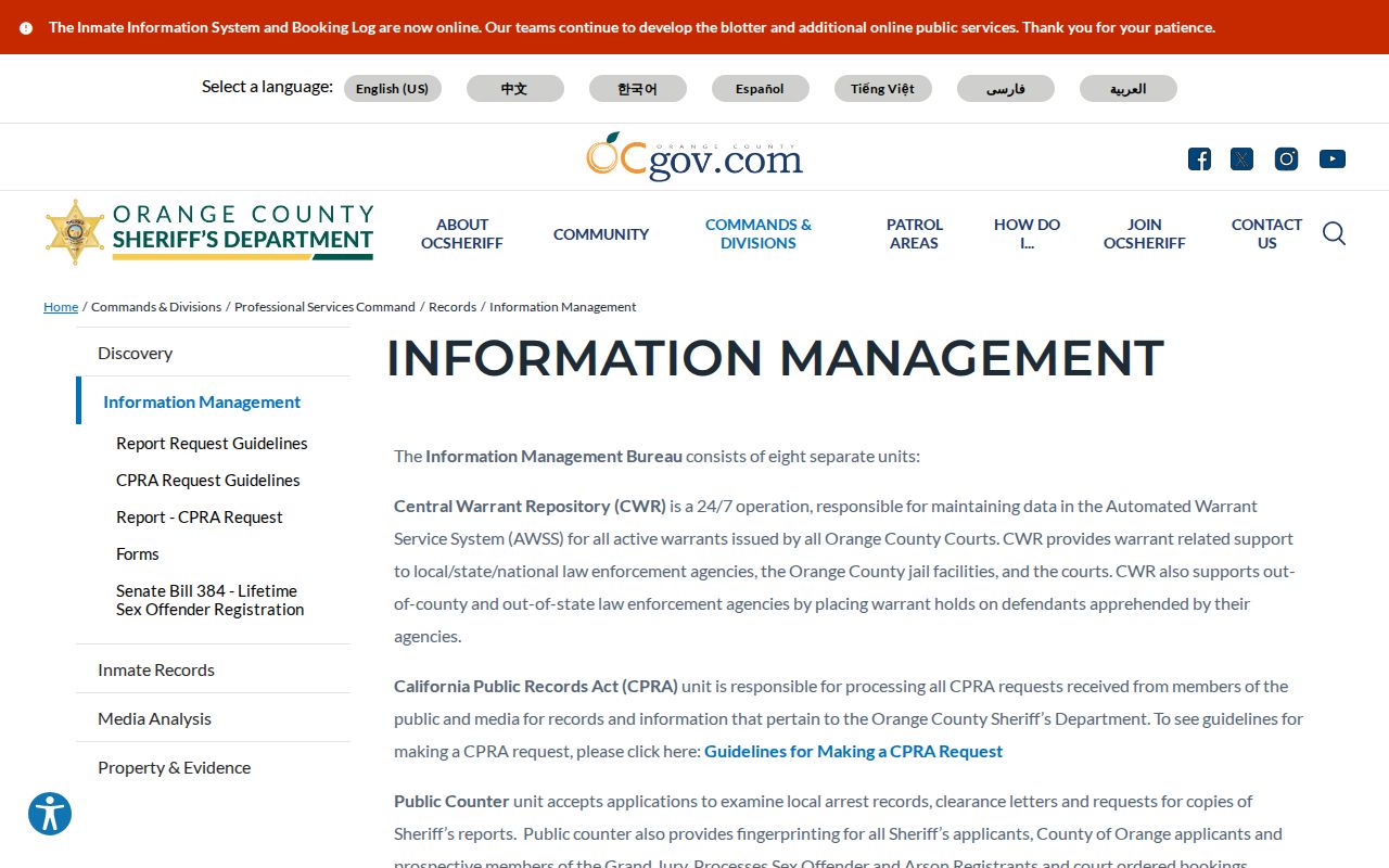 Orange County arrest records Information Management page