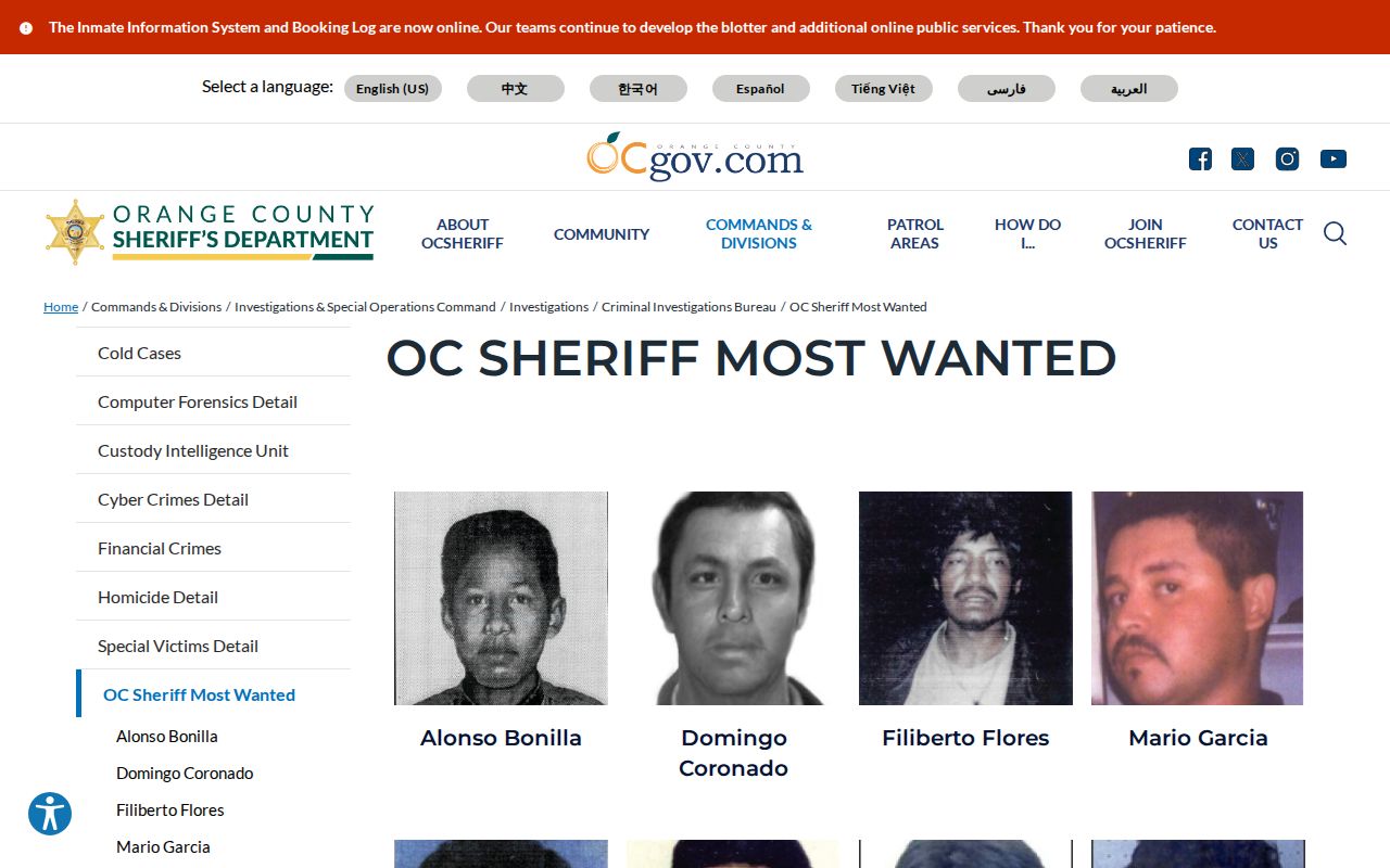 Orange County Sheriff arrest warrant most wanted source page
