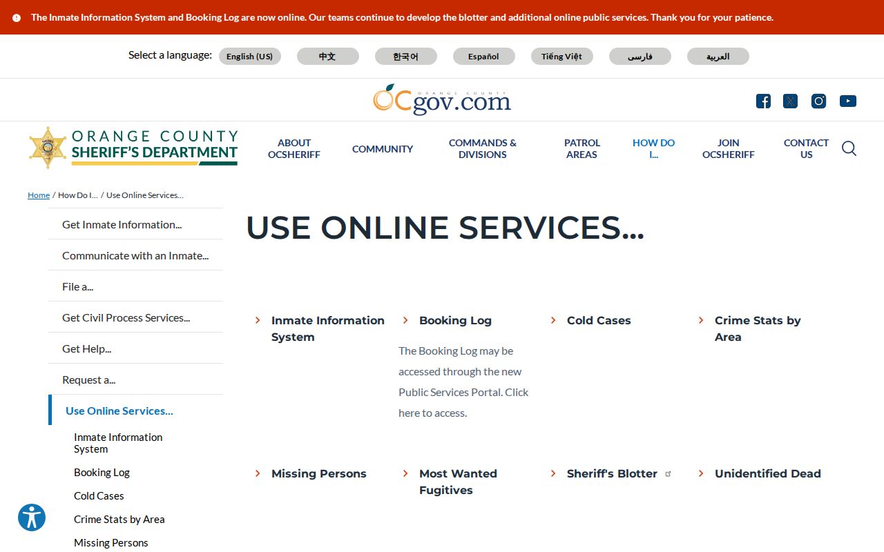 Orange County Sheriff recent arrest online services page