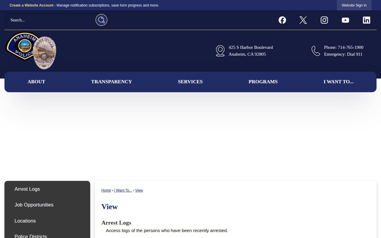 Anaheim Police Department recent arrests log access page