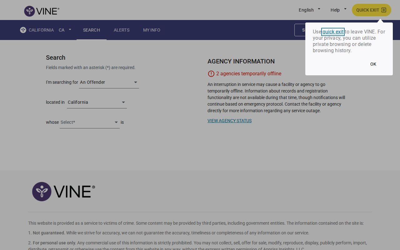 Orange County VINE arrest custody search screen