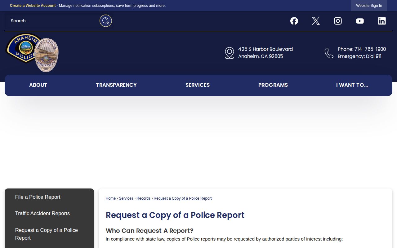 Anaheim Police Department arrest report request instructions