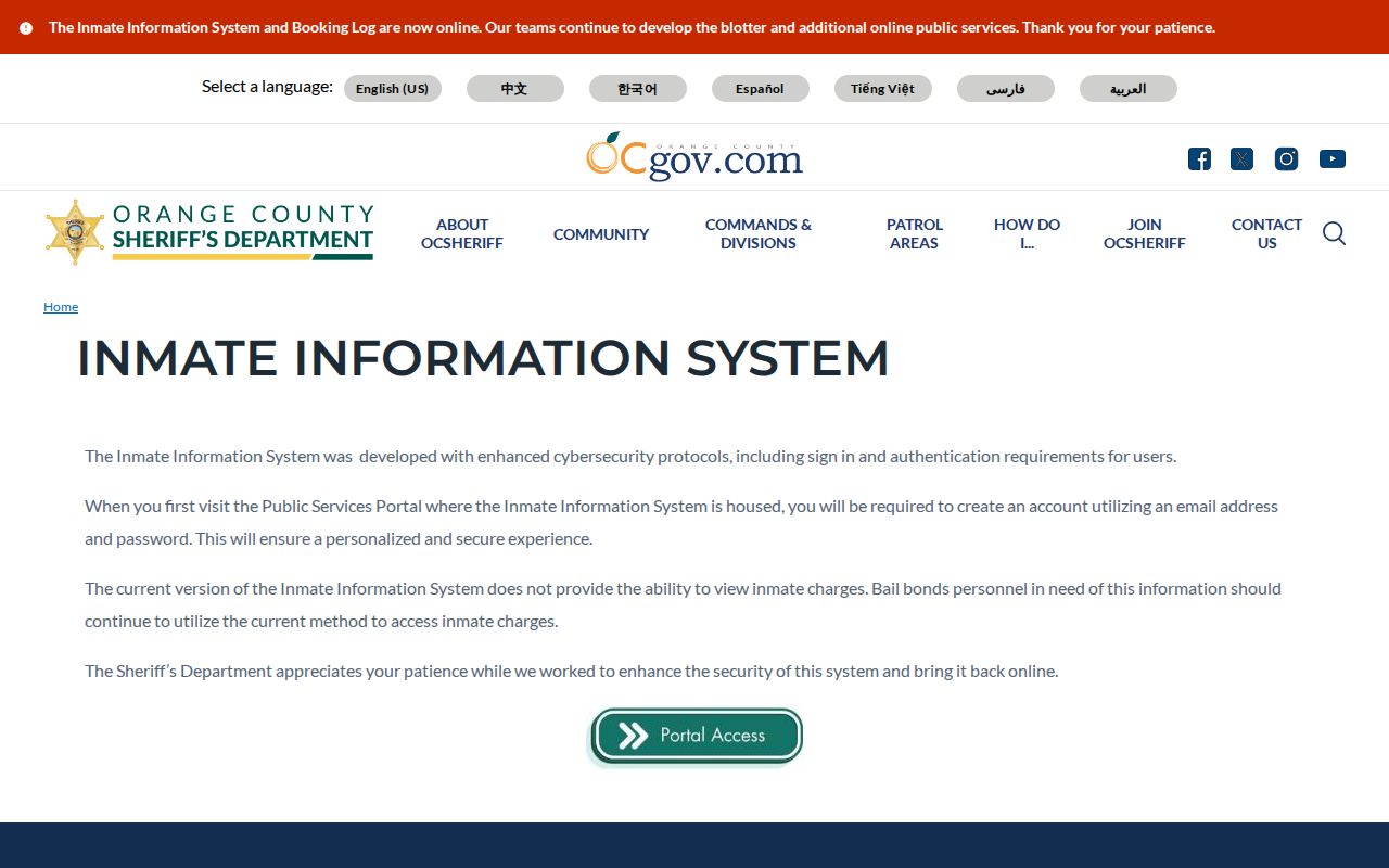 Orange County inmate information portal policy notice