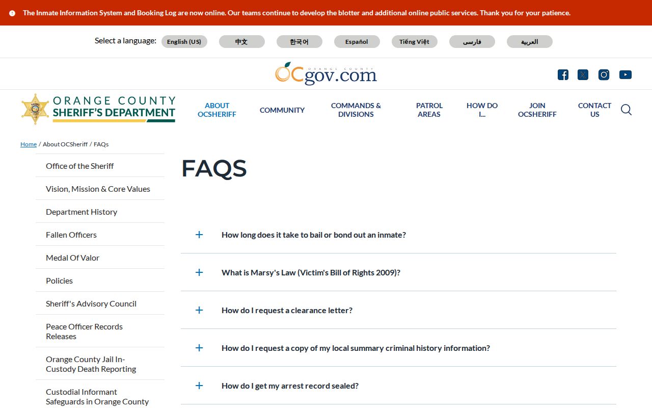 Orange County Sheriff booking timing guidance