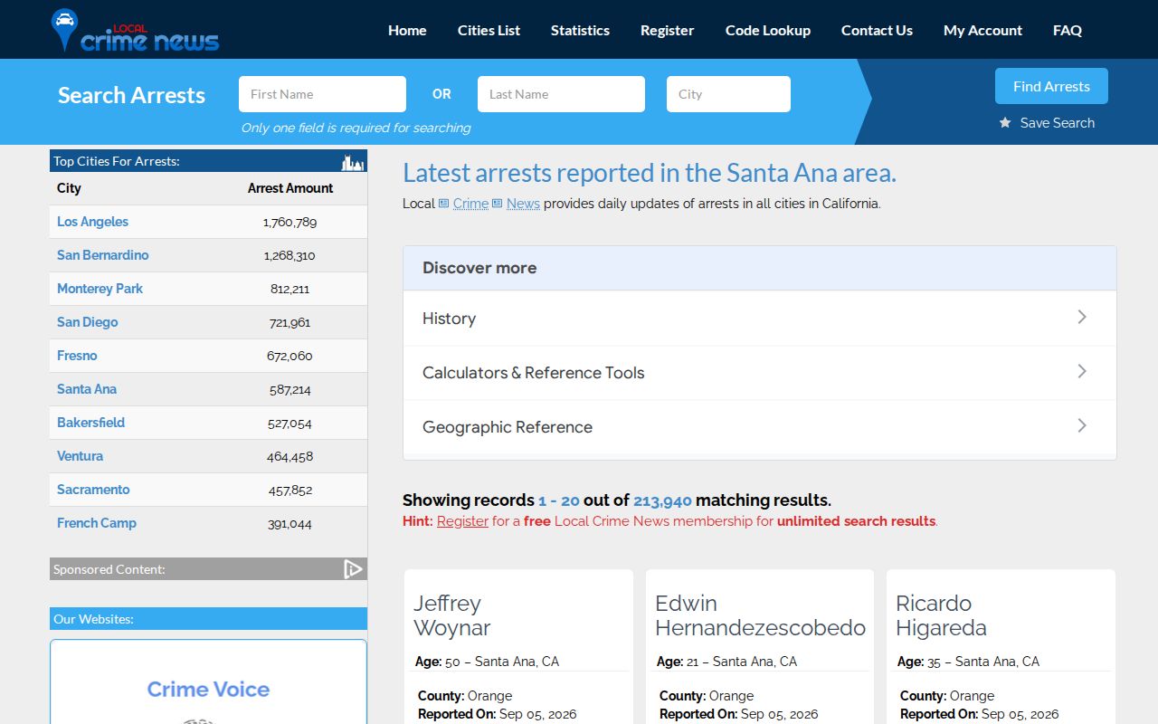 Santa Ana recent arrests page on an unofficial local crime index